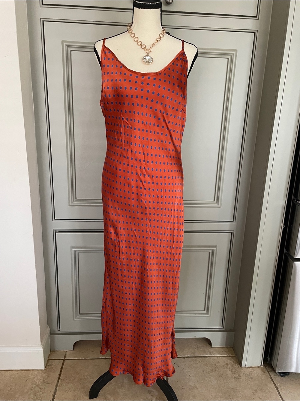 Rachel Comey Wren Dress Orange Blue Polka Dot Slip Midi Dress Luxury Designer